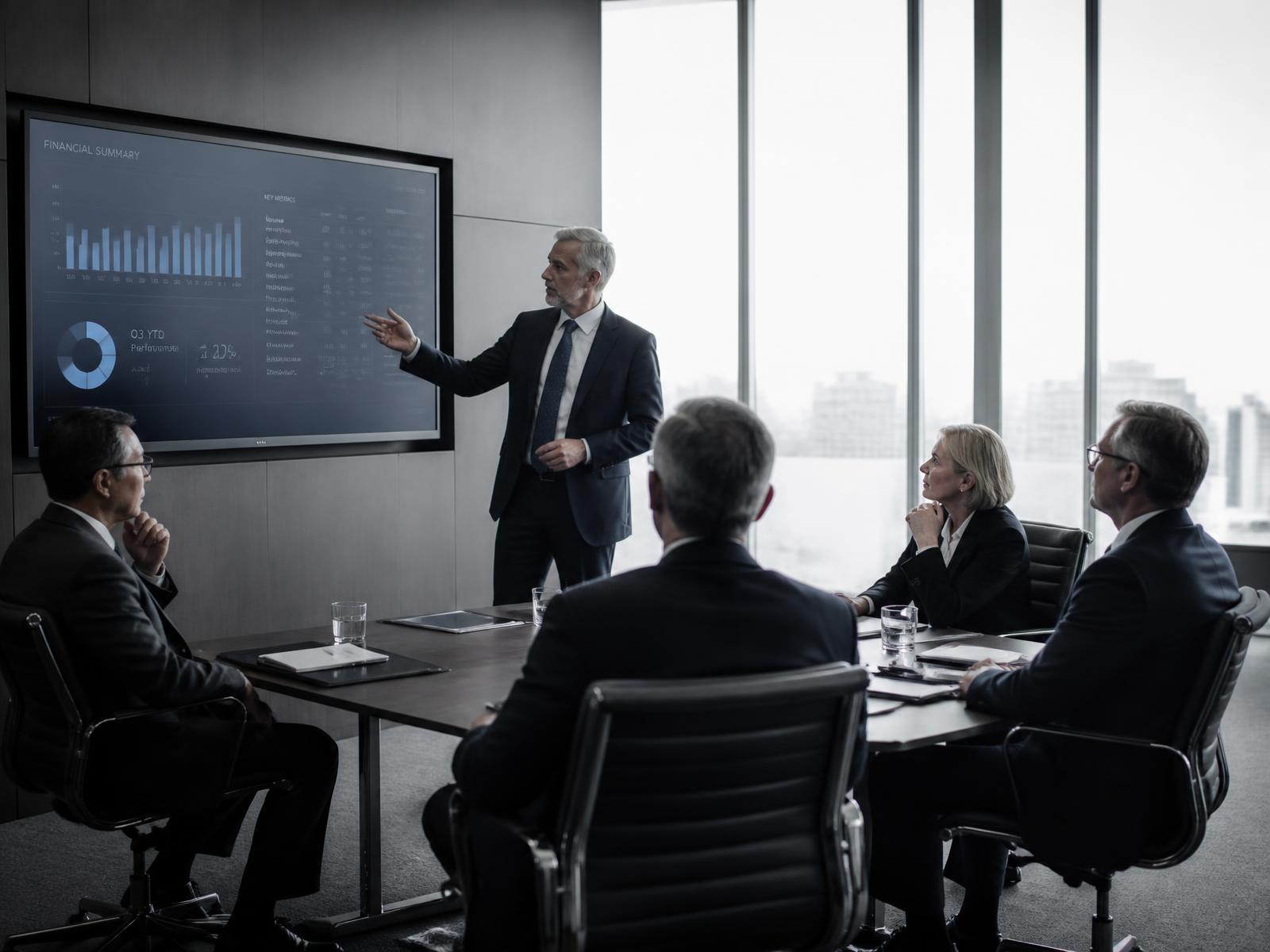 Executive leadership team reviewing commercial performance data in a boardroom