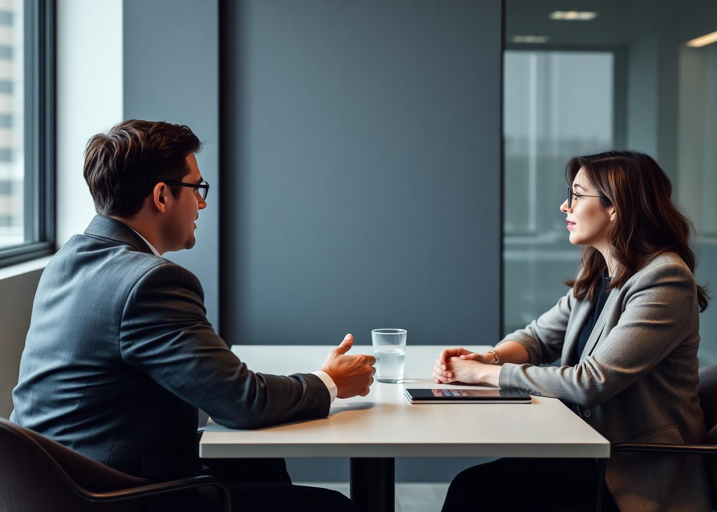 Two executives discussing commercial strategy in a meeting room